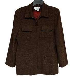 Chaus Brown Speckled Wool Blend Zip-Front Jacket Tweed Blazer Size 10 Vintage